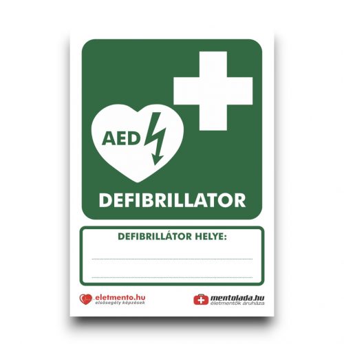 Defibrillátor helye jelzés SZERKESZTHETŐ SZÖVEGGEL - letölthető, nyomtatható, 2 soros, A4 - ingyenes