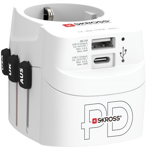 SKROSS PRO Light USB AC30PD, világutazó hálózati csatlakozó átalakító, földelt PD(gyorstöltés)