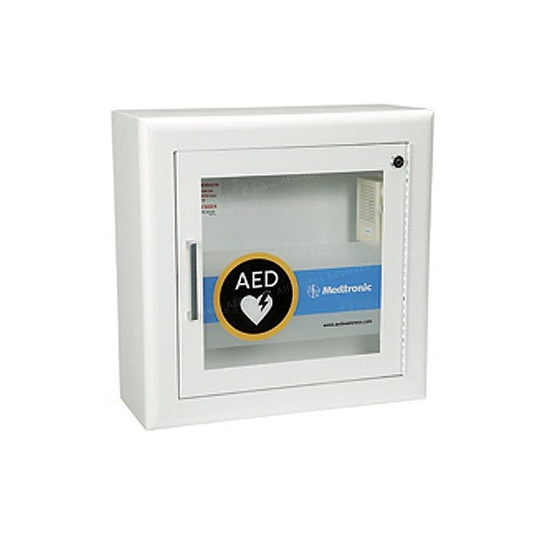 AED fali tároló vitrin (süllyesztett, zárt, fém váz, üveg ablak, riasztó)