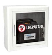 AED fali tároló vitrin (zárt, fém váz, rozsdamentes acél perem, üveg ablak, riasztó)