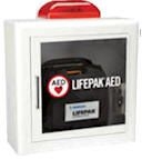 AED fali tároló vitrin (zárt, fém váz, rozsdamentes acél perem, üveg ablak, riasztó/villogó fény)