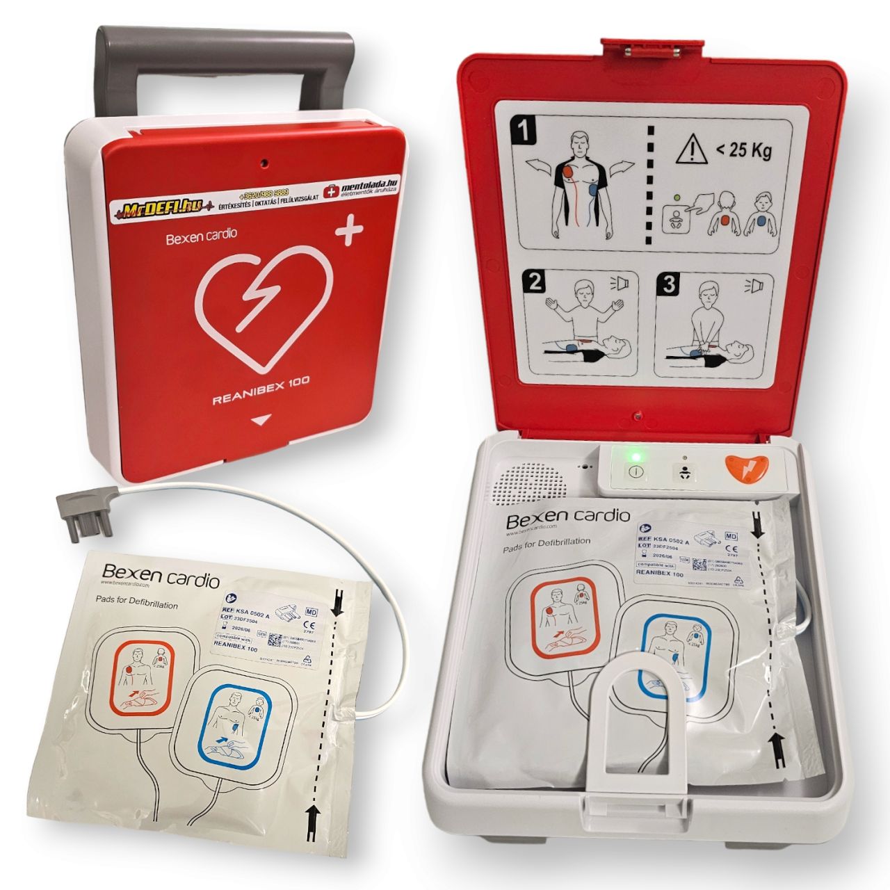 BEXEN REANIBEX 100 FÉLAUTOMATA DEFIBRILLÁTOR DUÁL ELEKTRÓDÁVAL, ellátást segítő utasításokkal