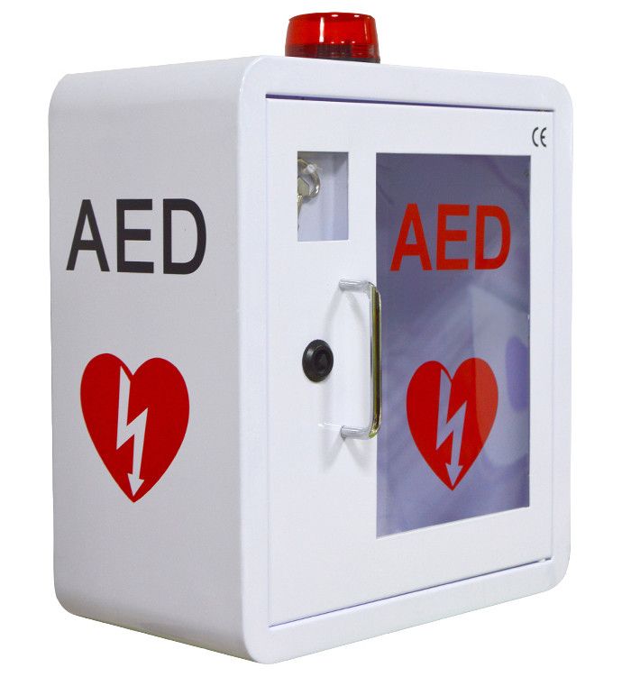 BELTÉRI FEHÉR ZÁRHATÓ, RIASZTÓS FALI SZEKRÉNY AED DEFIBRILLÁTOR TÁROLÁSÁHOZ